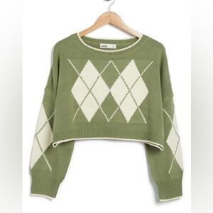 Elodie ARGYLE CROP SWEATER IN DUSTY GREEN
